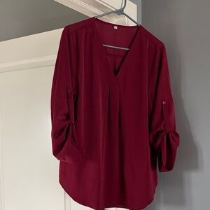 Amazon Women's Wine V-Neck Roll-Tab Sleeve Blouse